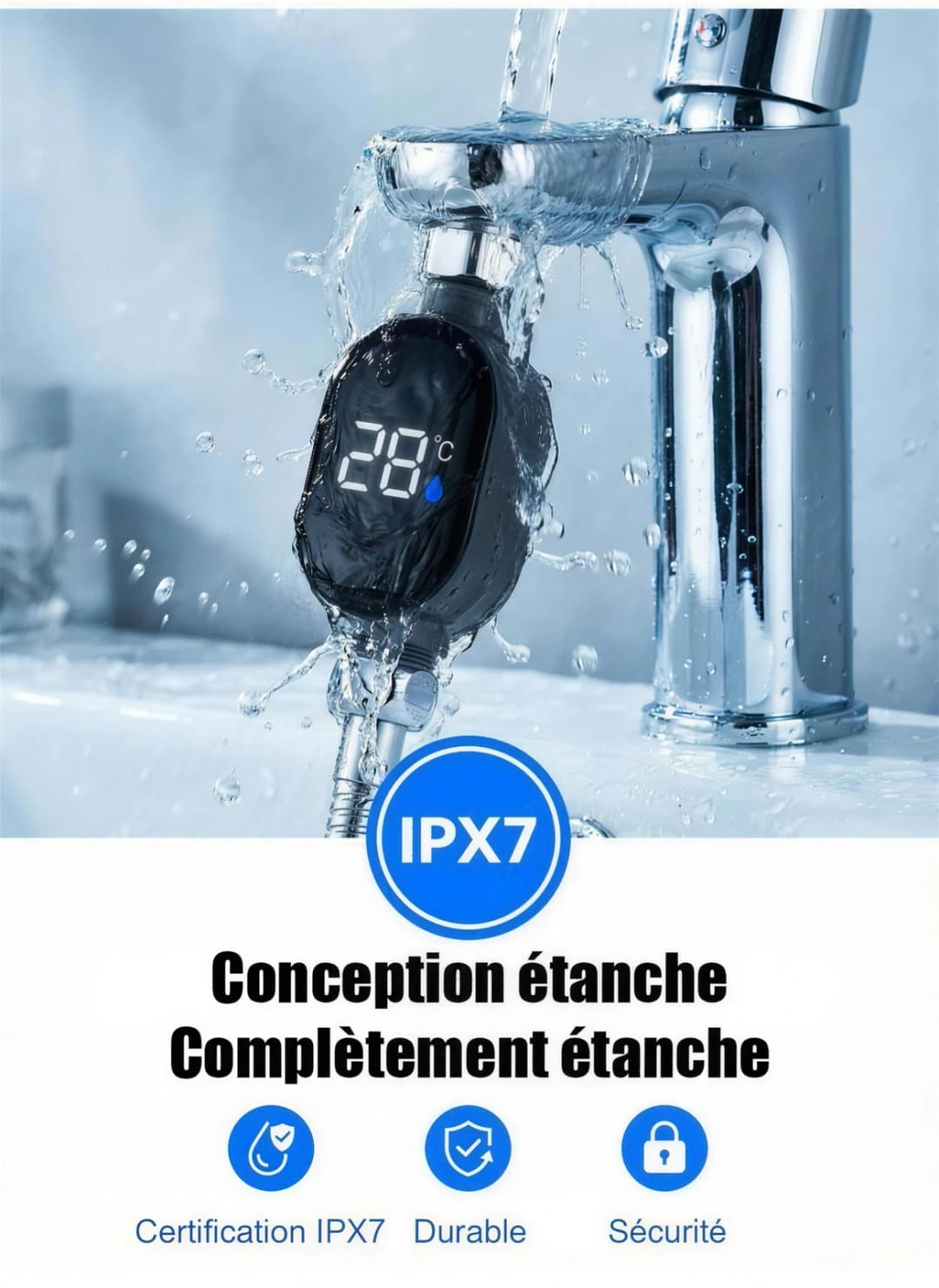 Thermomètre de Douche LED Digital Étanche IPX7