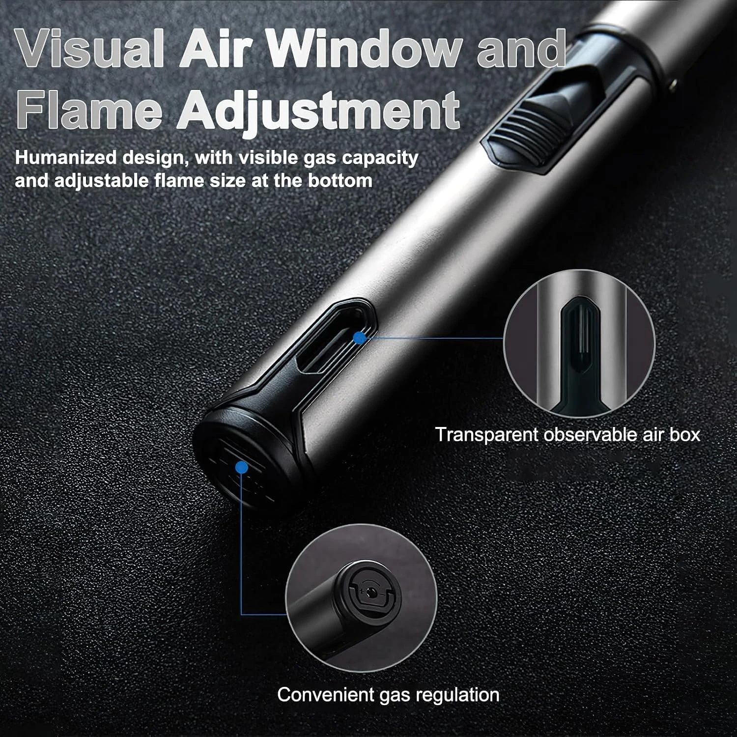 Détail du réservoir de gaz transparent et de la molette de réglage de flamme