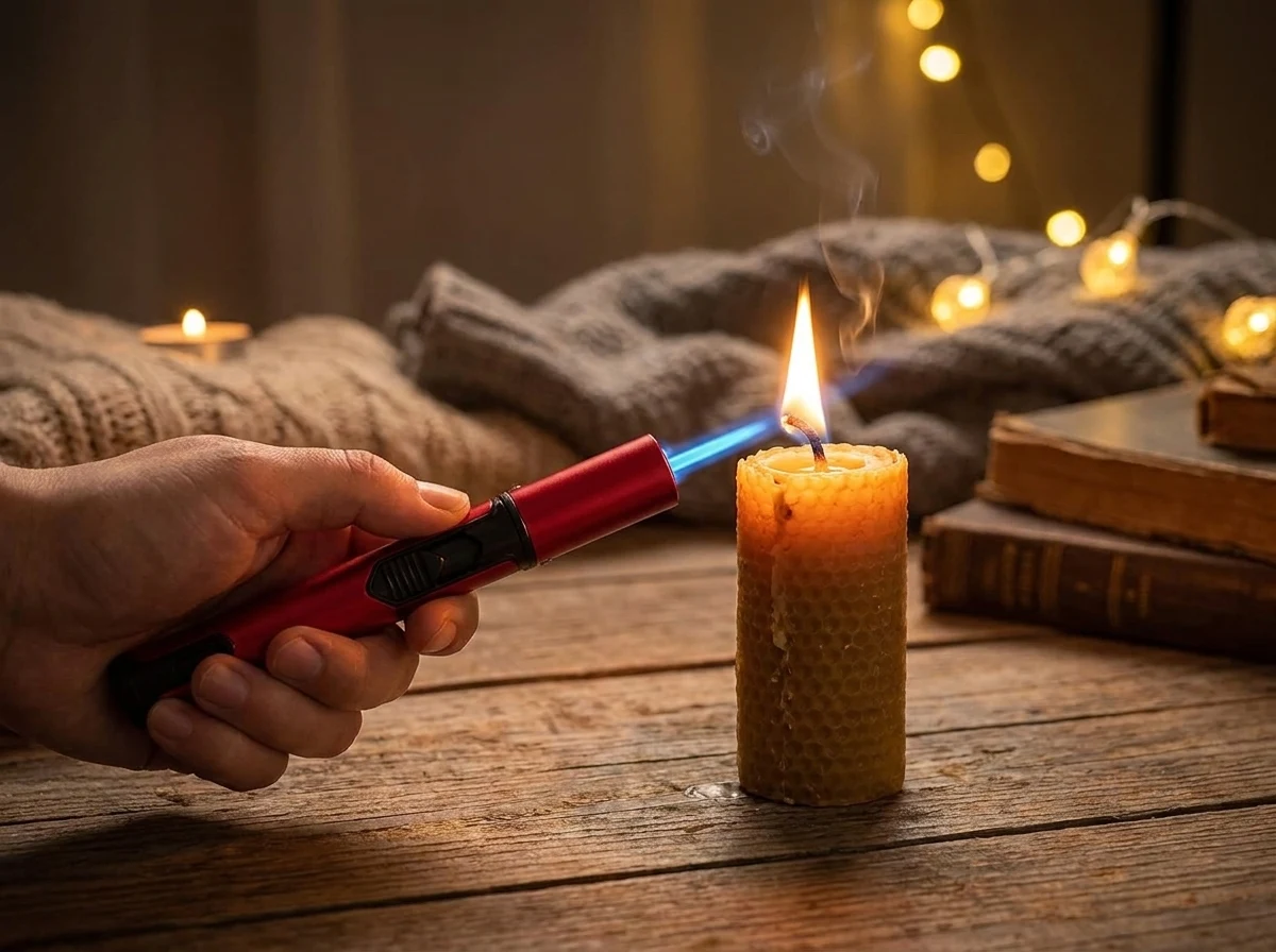 Briquet chalumeau rouge allumant une bougie, flamme bleue directionnelle