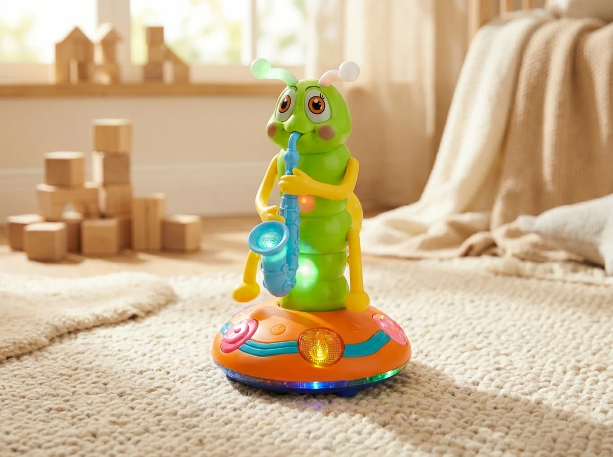 Chenille musicale colorée posée sur un tapis dans une chambre d'enfant lumineuse